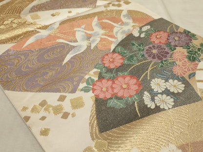 平和屋着物◎六通柄袋帯 唐織 扇面花鳥文 金糸 正絹 逸品 AAAR1771sx