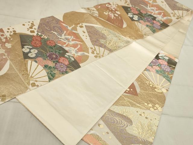平和屋着物◎六通柄袋帯 唐織 扇面花鳥文 金糸 正絹 逸品 AAAR1771sx