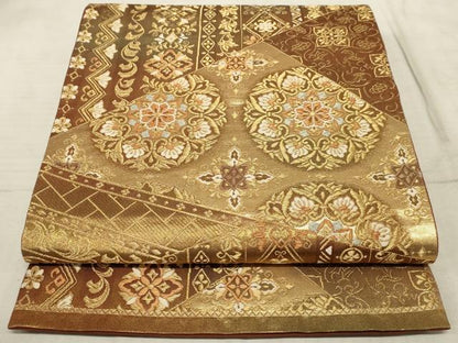 平和屋着物◎六通柄袋帯　唐織　裂取花文　金糸　引箔　正絹　逸品　AAAR1800sx