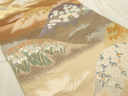 平和屋着物◎六通柄袋帯　唐織　重ね山流水草花文　金銀糸　正絹　逸品　AAAR1874sx