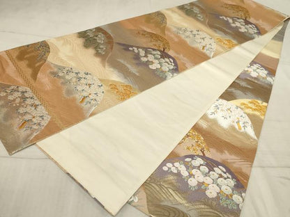 平和屋着物◎六通柄袋帯　唐織　重ね山流水草花文　金銀糸　正絹　逸品　AAAR1874sx