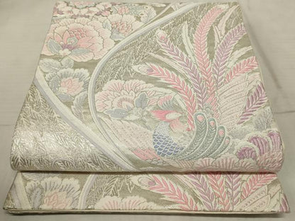 平和屋着物◎六通柄袋帯　唐織　孔雀更紗花文　銀糸　正絹　逸品　AAAR1887sx
