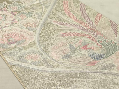 平和屋着物◎六通柄袋帯　唐織　孔雀更紗花文　銀糸　正絹　逸品　AAAR1887sx