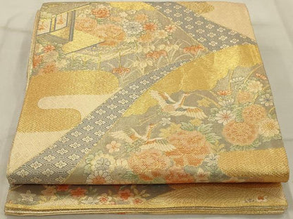 平和屋着物◎佐賀錦 六通柄袋帯 花鳥文 金糸 正絹 逸品 AAAR4658ou