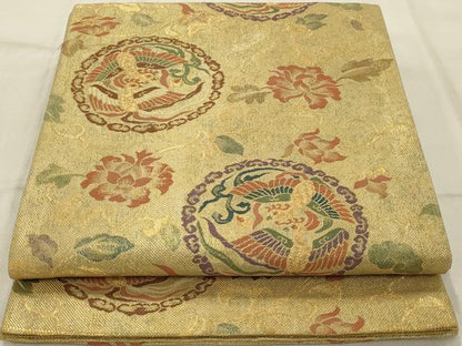 平和屋着物◎六通柄袋帯 花鳥丸文 金糸 正絹 逸品 AAAR4660ou