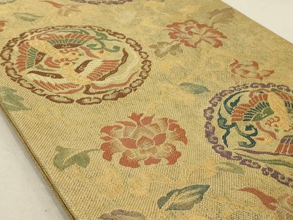 平和屋着物◎六通柄袋帯 花鳥丸文 金糸 正絹 逸品 AAAR4660ou