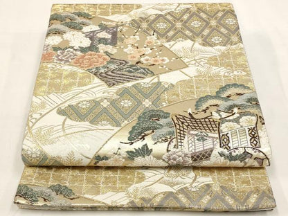 平和屋着物◎六通柄袋帯 地紙御所車花文 金銀糸 正絹 逸品 AAAR5053st