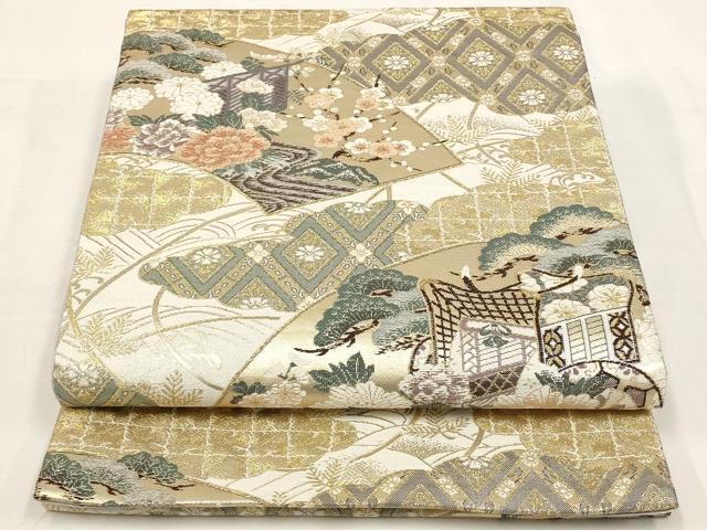 平和屋着物◎六通柄袋帯 地紙御所車花文 金銀糸 正絹 逸品 AAAR5053st