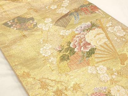 平和屋着物◎六通柄袋帯　扇面花文　金糸　正絹　逸品　AAAR5099st