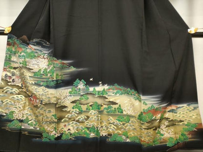 平和屋着物■豪華黒留袖　人物風景文　暈し染め　金銀彩　正絹　逸品　AAAR7342br