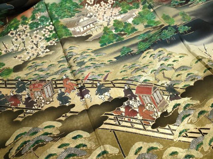 平和屋着物■豪華黒留袖　人物風景文　暈し染め　金銀彩　正絹　逸品　AAAR7342br