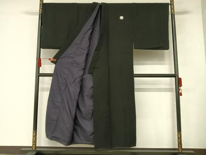 平和屋着物●男性　黒紋付　羽織セット　正絹　逸品　AAAQ0673np