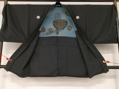 平和屋着物●男性　黒紋付　羽織セット　正絹　逸品　AAAQ0673np
