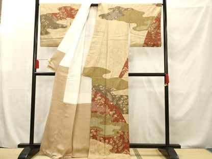 平和屋着物■訪問着　絞り　刺繍　草花文　金彩　正絹　逸品　AAAR7563fy