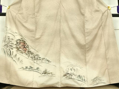 平和屋着物■訪問着　紬地　手描き　風景文　正絹　逸品　AAAR7782jh