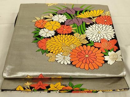 平和屋着物◎六通柄袋帯　唐織　草花丸文　黒地　金銀糸　正絹　逸品　AAAR8004ou