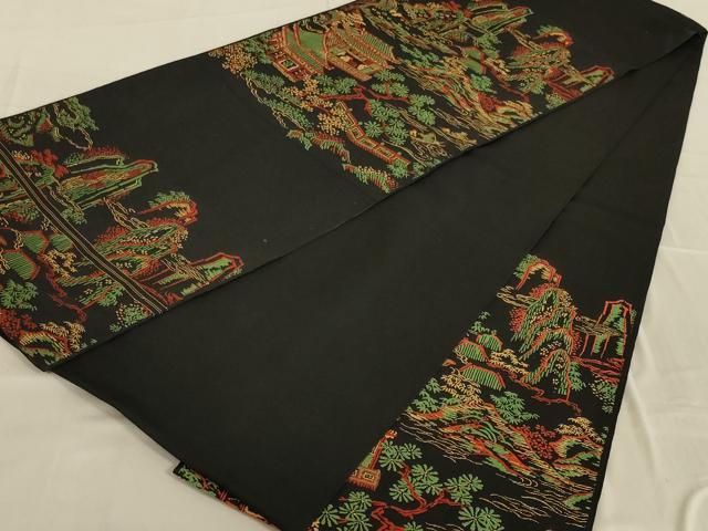 平和屋着物◎六通柄袋帯　唐織　風景文　黒地　金糸　正絹　逸品　AAAR8006ou
