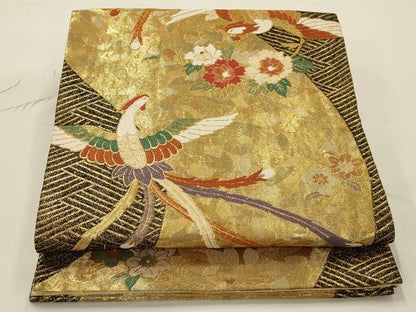 平和屋着物◎六通柄袋帯 唐織 尾長鳥花文 黒地 金糸 正絹 逸品 AAAR8496ou