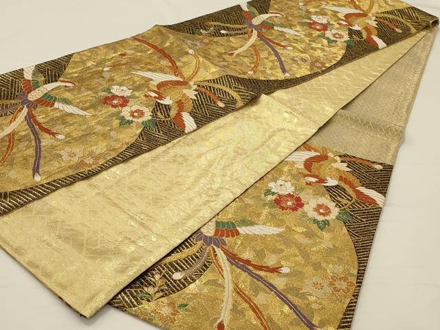 平和屋着物◎六通柄袋帯 唐織 尾長鳥花文 黒地 金糸 正絹 逸品 AAAR8496ou
