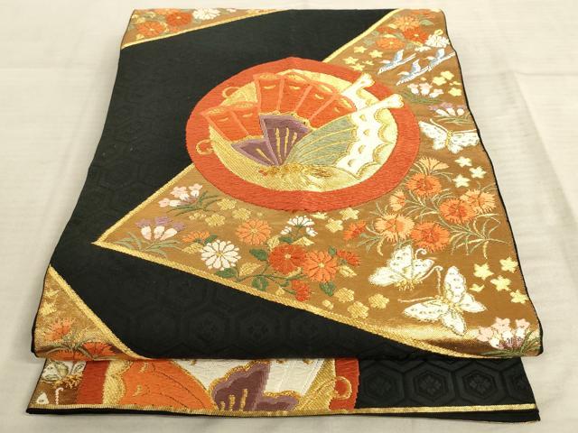 平和屋着物◎六通柄袋帯 唐織 扇鳥裂取丸文 黒地 金銀糸 正絹 逸品 AAAR8855pf