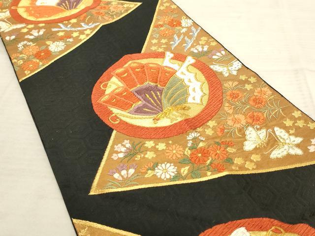 平和屋着物◎六通柄袋帯 唐織 扇鳥裂取丸文 黒地 金銀糸 正絹 逸品 AAAR8855pf