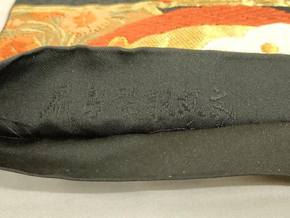 平和屋着物◎六通柄袋帯 唐織 扇鳥裂取丸文 黒地 金銀糸 正絹 逸品 AAAR8855pf