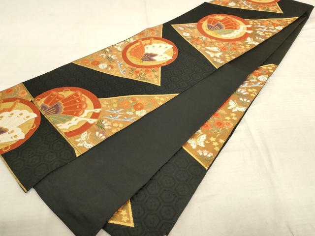 平和屋着物◎六通柄袋帯 唐織 扇鳥裂取丸文 黒地 金銀糸 正絹 逸品 AAAR8855pf