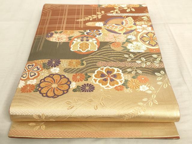 平和屋着物◎六通柄袋帯　唐織　霞取り花蝶丸文　金糸　正絹　逸品　AAAR8856pf