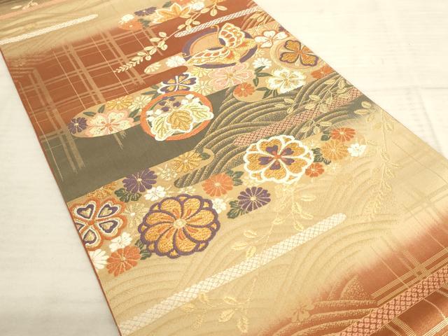 平和屋着物◎六通柄袋帯　唐織　霞取り花蝶丸文　金糸　正絹　逸品　AAAR8856pf