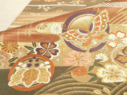 平和屋着物◎六通柄袋帯　唐織　霞取り花蝶丸文　金糸　正絹　逸品　AAAR8856pf