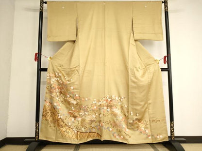 平和屋着物■豪華色留袖　駒刺繍　扇面花文　金銀彩　正絹　逸品　AAAR9184ja