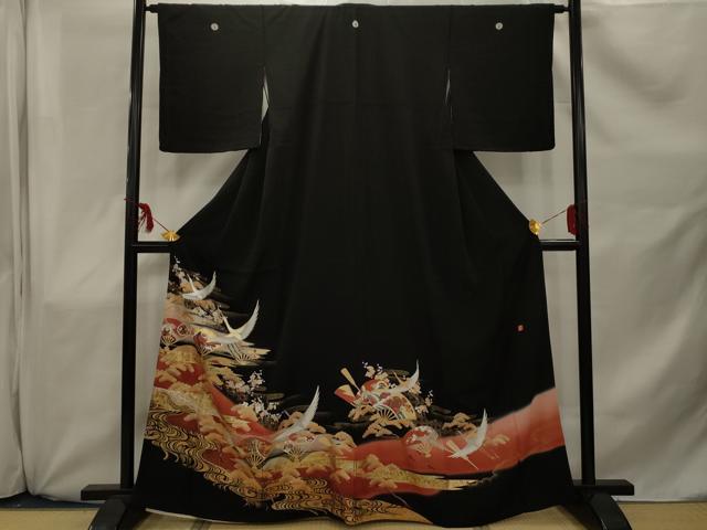 平和屋着物□豪華黒留袖 作家物 駒刺繍 飛鶴扇面文 金銀