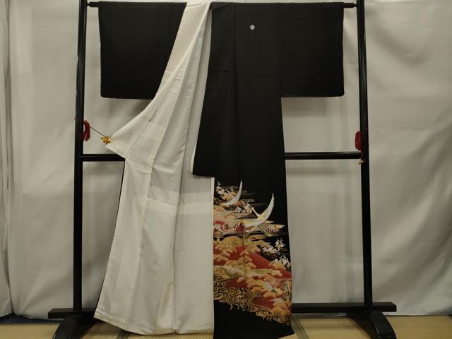 平和屋着物□豪華黒留袖 作家物 駒刺繍 飛鶴扇面文 金銀