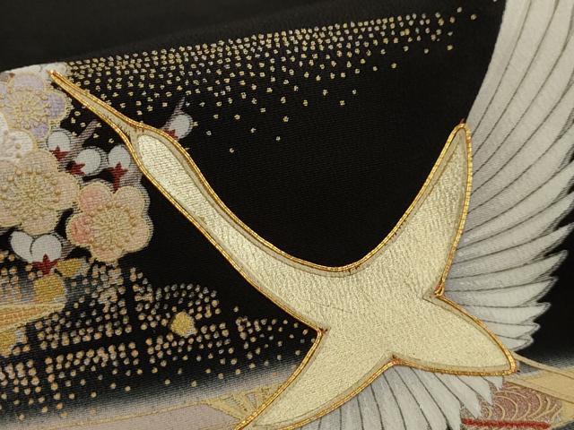 平和屋着物□豪華黒留袖 作家物 駒刺繍 飛鶴扇面文 金銀