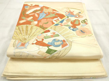 平和屋着物◎太鼓柄袋帯 総刺繍 駒刺繍 扇面宝尽くし 金糸 正絹 逸品 AAAS1356hg