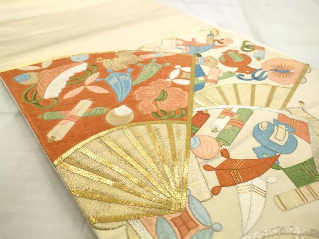 平和屋着物◎太鼓柄袋帯 総刺繍 駒刺繍 扇面宝尽くし 金糸 正絹 逸品 AAAS1356hg