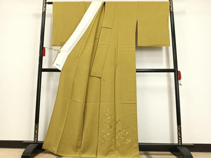 平和屋着物▽付下げ 単衣 中国三大刺繍 汕頭刺繍 スワトウ刺繍 草花文 芥子色 やまと誂製 正絹 逸品 AAAS1450oa