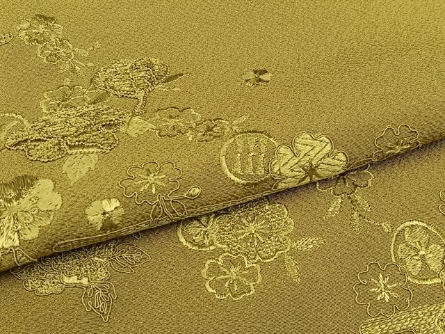 平和屋着物▽付下げ 単衣 中国三大刺繍 汕頭刺繍 スワトウ刺繍 草花文 芥子色 やまと誂製 正絹 逸品 AAAS1450oa