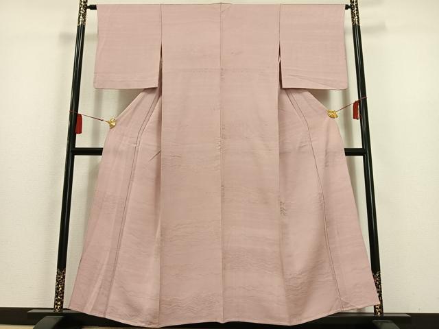 平和屋着物▽上質な色無地　単衣　流水地紋　珊瑚色　正絹　逸品　AAAS1489oa