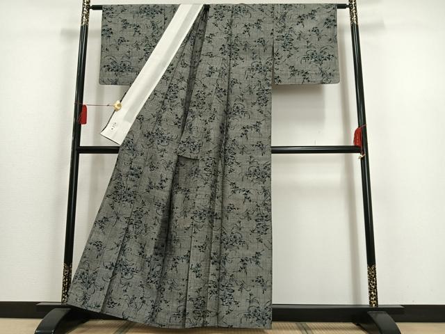 平和屋着物▽上質な紬 単衣 草花文 正絹 逸品 AAAS1494oa