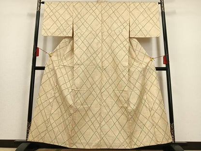 平和屋着物▽上質な紬 単衣 変わり格子 正絹 逸品 AAAS1498oa