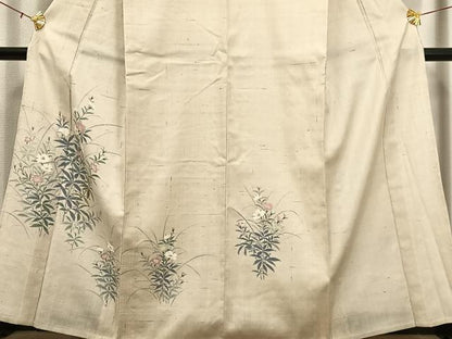 平和屋着物▽上質な紬　単衣　手描き　草花文　正絹　逸品　AAAS1499oa