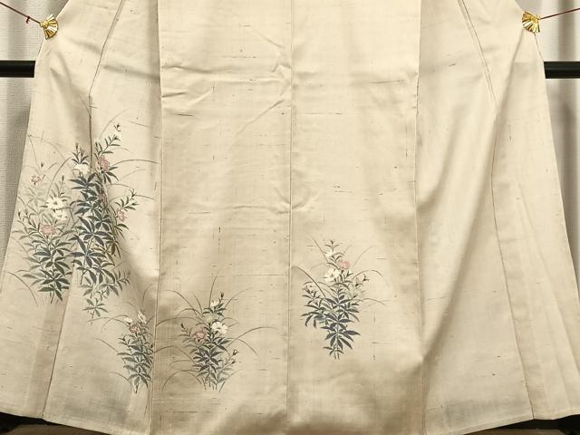 平和屋着物▽上質な紬　単衣　手描き　草花文　正絹　逸品　AAAS1499oa