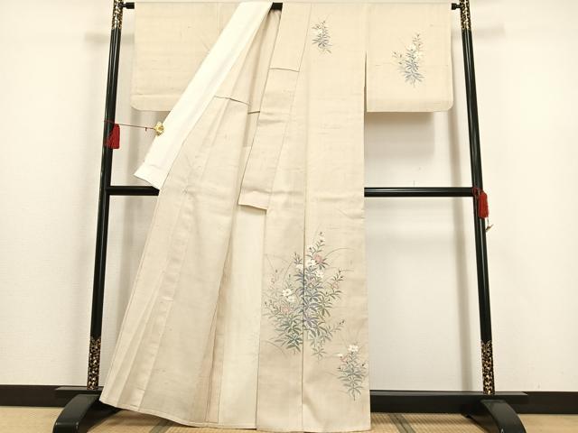 平和屋着物▽上質な紬　単衣　手描き　草花文　正絹　逸品　AAAS1499oa