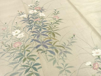 平和屋着物▽上質な紬　単衣　手描き　草花文　正絹　逸品　AAAS1499oa