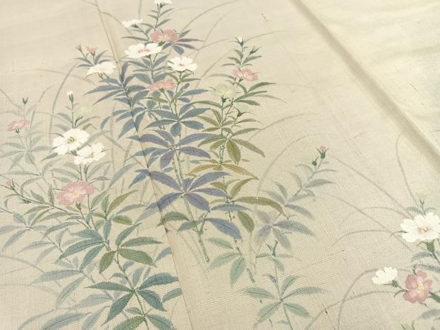 平和屋着物▽上質な紬　単衣　手描き　草花文　正絹　逸品　AAAS1499oa