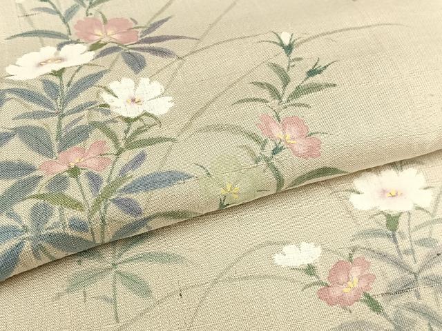平和屋着物▽上質な紬　単衣　手描き　草花文　正絹　逸品　AAAS1499oa