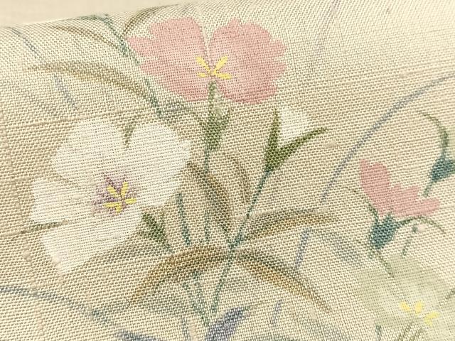 平和屋着物▽上質な紬　単衣　手描き　草花文　正絹　逸品　AAAS1499oa