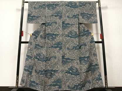 平和屋着物▽上質な小紋 単衣 風景草花文 鬼しぼ縮緬 正絹 逸品 AAAS1505oa