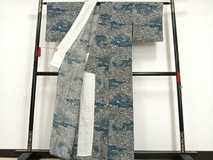 平和屋着物▽上質な小紋 単衣 風景草花文 鬼しぼ縮緬 正絹 逸品 AAAS1505oa